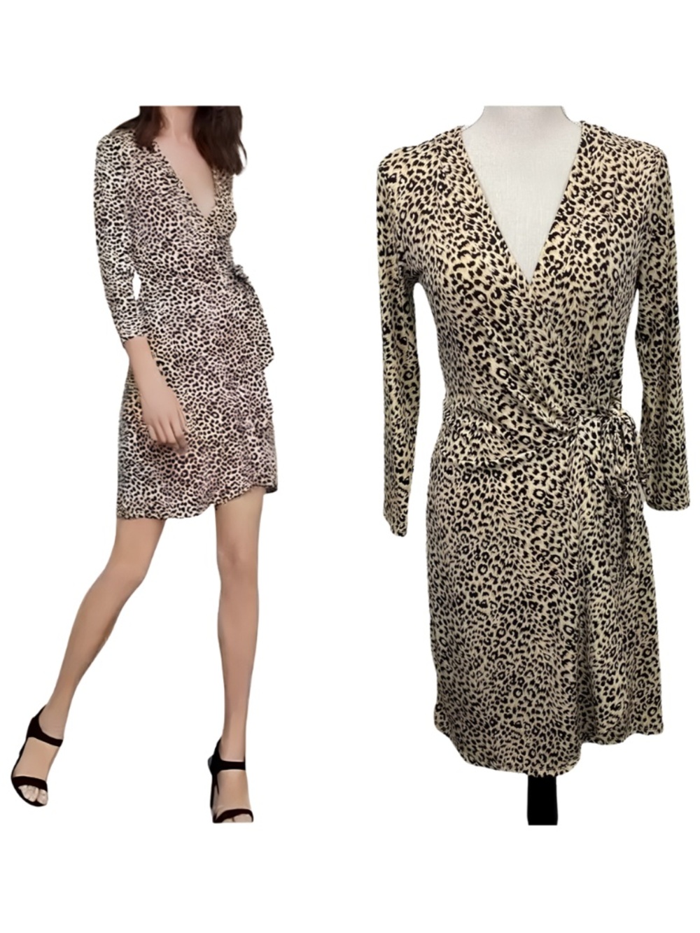 (NWOT) BCBGMAXAZRIA Leopard Robe-Style Wrap Dress Tie Waist 3/4 Sleeve | Medium